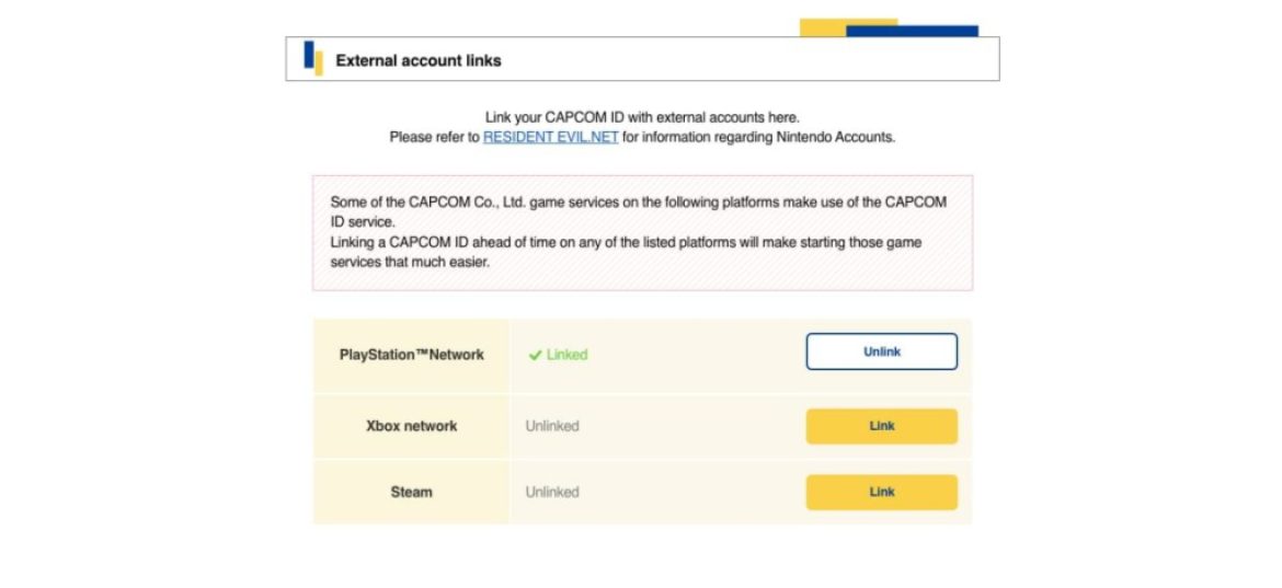 ID CAPCOM |  Liens de compte externes |  Lien PSN confirmé