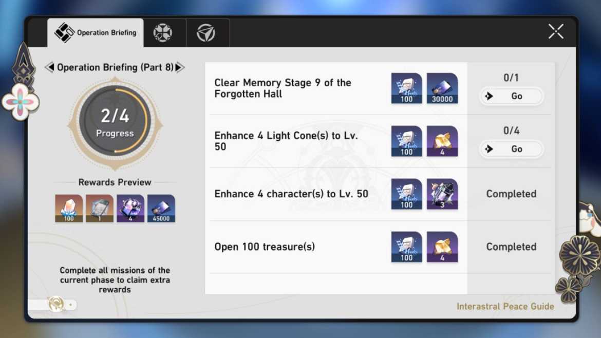 Récompenses du briefing sur l'opération Honkai Star Rail