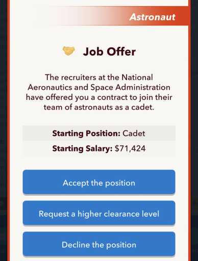 Offre d'emploi d'astronaute BitLife