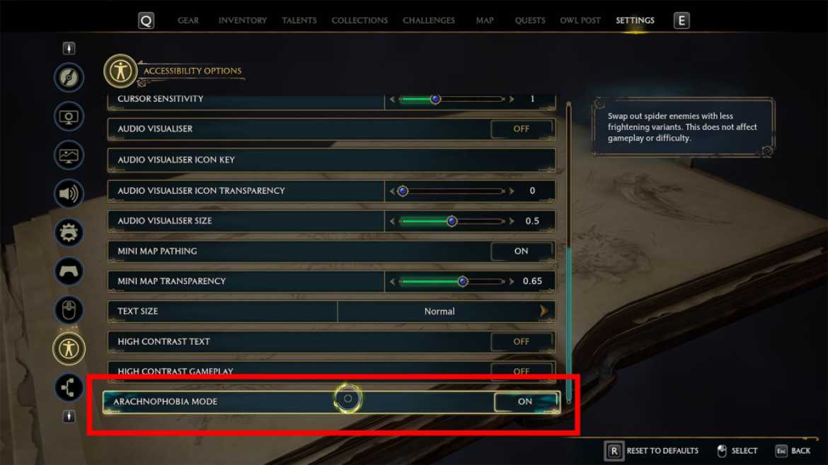 Menu d'accessibilité du mode Arachnophobie Legacy de Poudlard