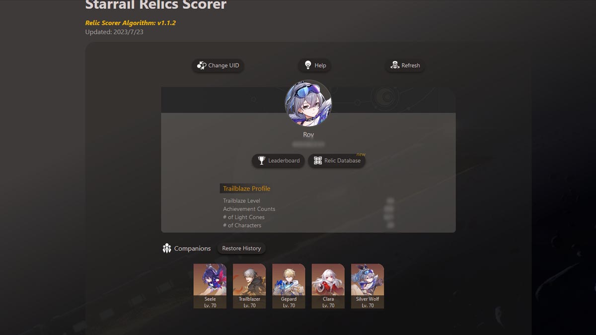 Honkai Star Rail Relic Scorer Page