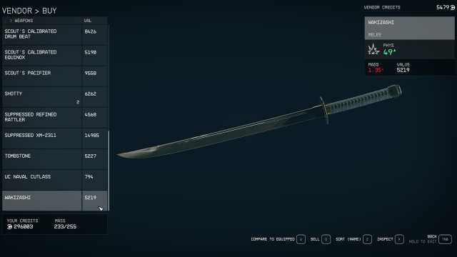 Menu du magasin Starfield Wakizashi