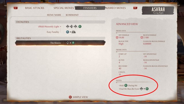 Une capture d’écran de Mortal Kombat 1 du menu des mouvements de finition avec la section « Notes » entourée en rouge.