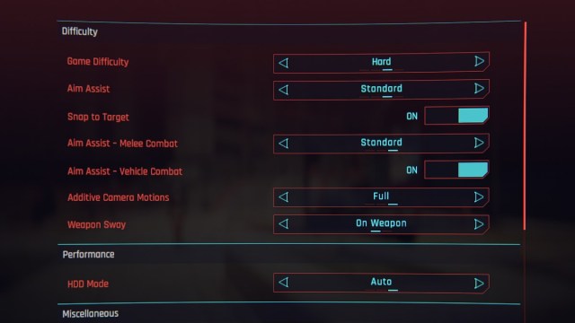 Cyberpunk 2077 Menu Paramètres de difficulté