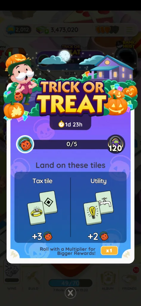 Une image pour l’événement Trick or Treat dans Monopoly GO. L’image montre l’oncle Pennybags portant une citrouille sur la tête et tenant un panier pour aller chercher des bonbons. L’image fait partie d’un article sur toutes les récompenses et les étapes de Trick or Treat au Monopoly GO, ainsi que sur la façon de les gagner.