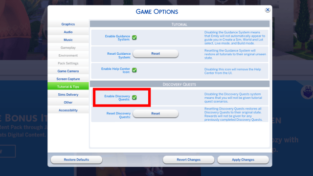 Comment desactiver les quetes de decouverte dans Les Sims 4