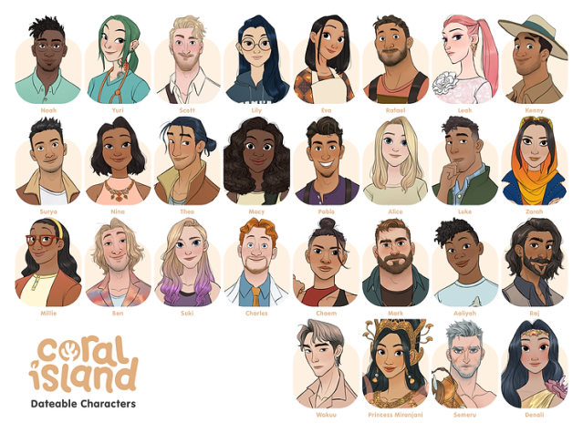 Tous les personnages romantiques de Coral Island repertories