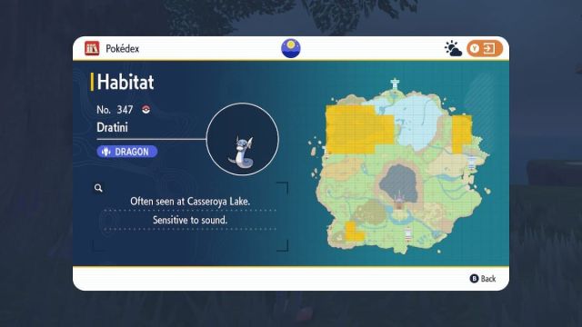 Capture d’écran de Pokemon Scarlet et Violet de l’emplacement de l’habitat de Dratini.