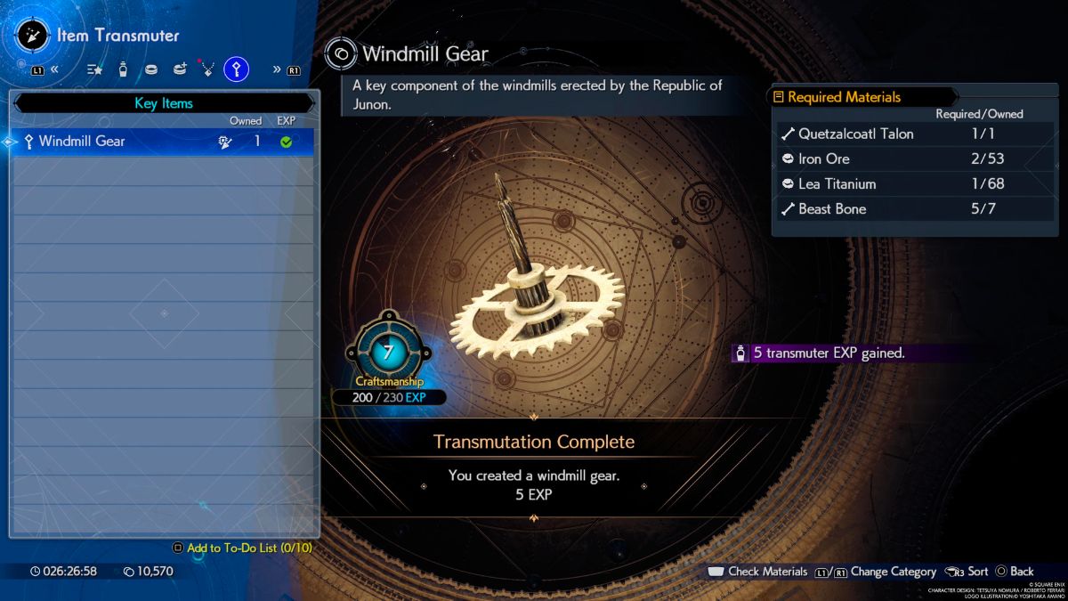 Capture d’écran de la fabrication de l’équipement du moulin à vent avec le transmutateur d’objets dans Final Fantasy 7 Rebirth.