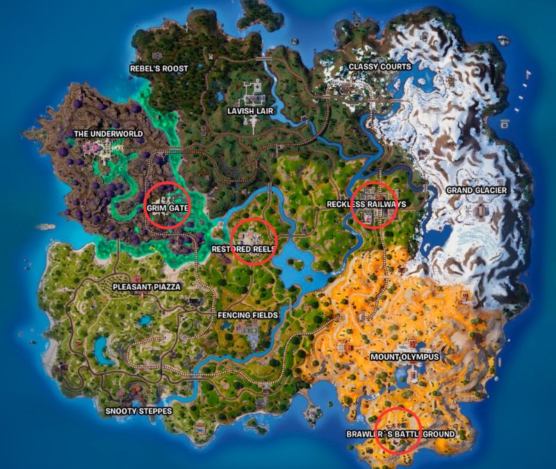 Capture d’écran des emplacements de la carte du briefing de ravitaillement dans la saison 2 du chapitre 5 de Fortnite.