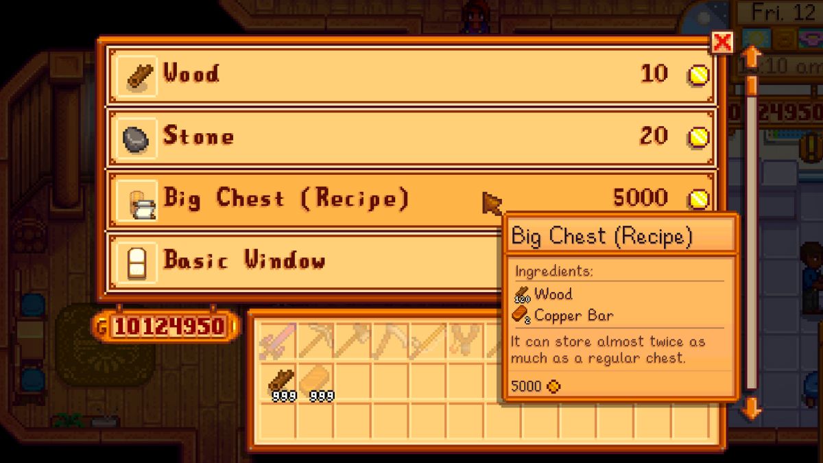 Capture d’écran de la recette du Big Chest dans Stardew Valley.