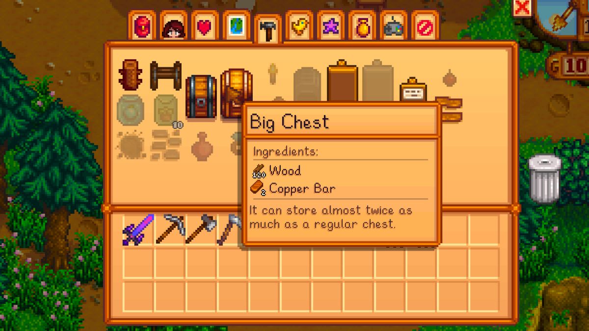 Capture d’écran de la fabrication d’un grand coffre dans Stardew Valley.