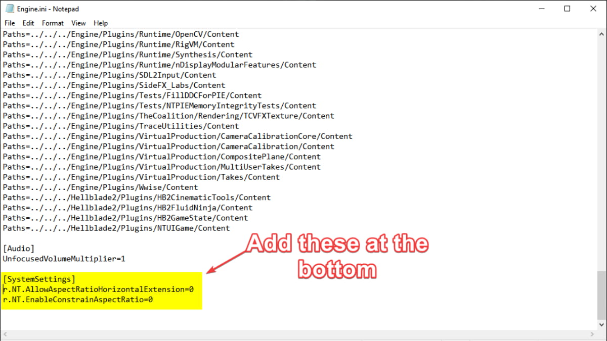 Hellblade 2 Engine.ini Fichier modifié dans le Bloc-notes