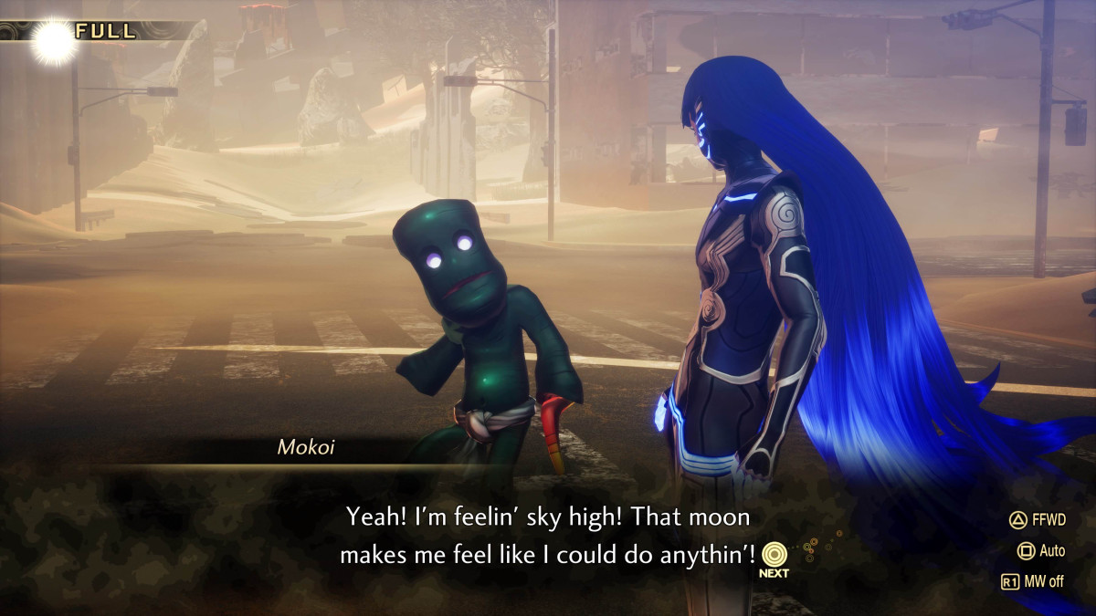 Une capture d’écran de Shin Megami Tensei V de Nahobino parlant à un démon pendant une pleine lune.