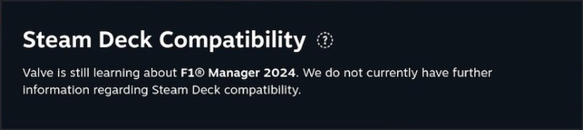 F1 Manager 2024 État de compatibilité Steam Deck