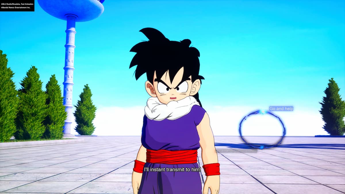 Gohan se tenait résolument devant la Chambre du Temps Hyperbolique avec un message de Go and Help en arrière-plan.