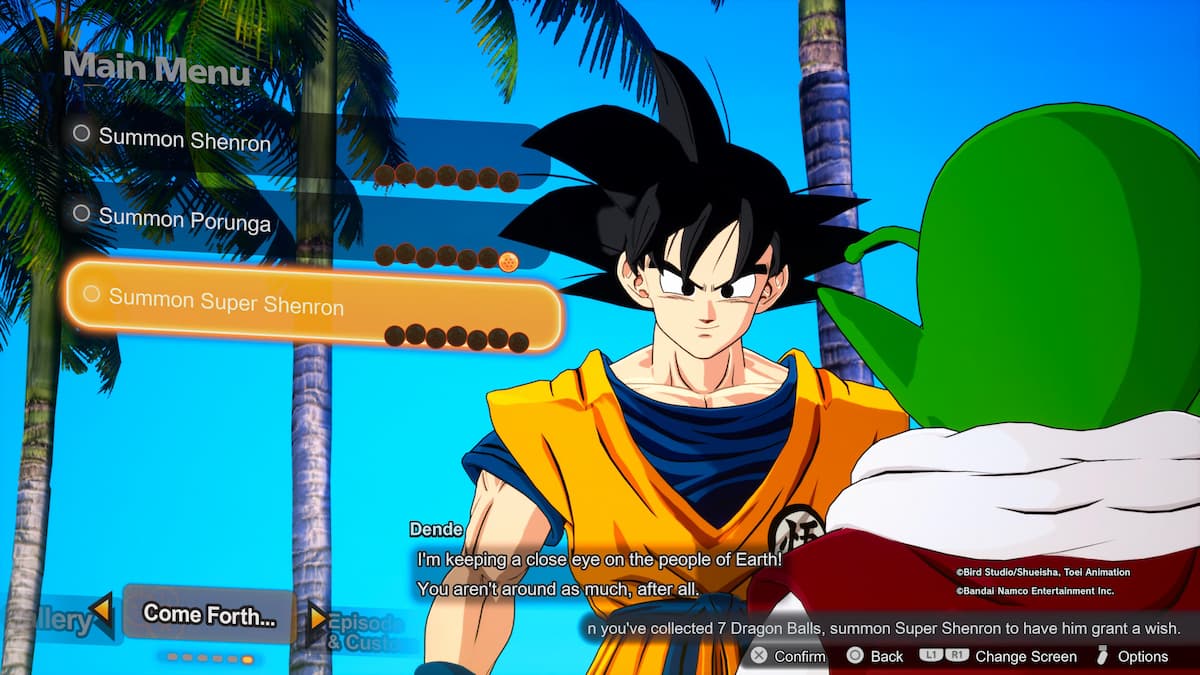 Goku et Dende discutent des options de souhaits dans Dragon Ball : Sparking ! ZERO, avec le menu affichant Invocation de Shenron, Invocation de Porunga et Invocation de Super Shenron.