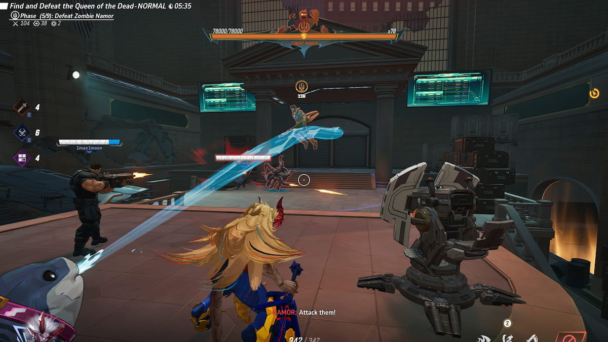 Magik debout avec l’équipe pendant la bataille de boss namor marvel rivaux